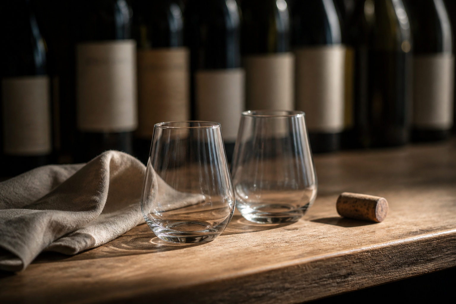 Tasting glasses on a wood counter. Generated sample photo.