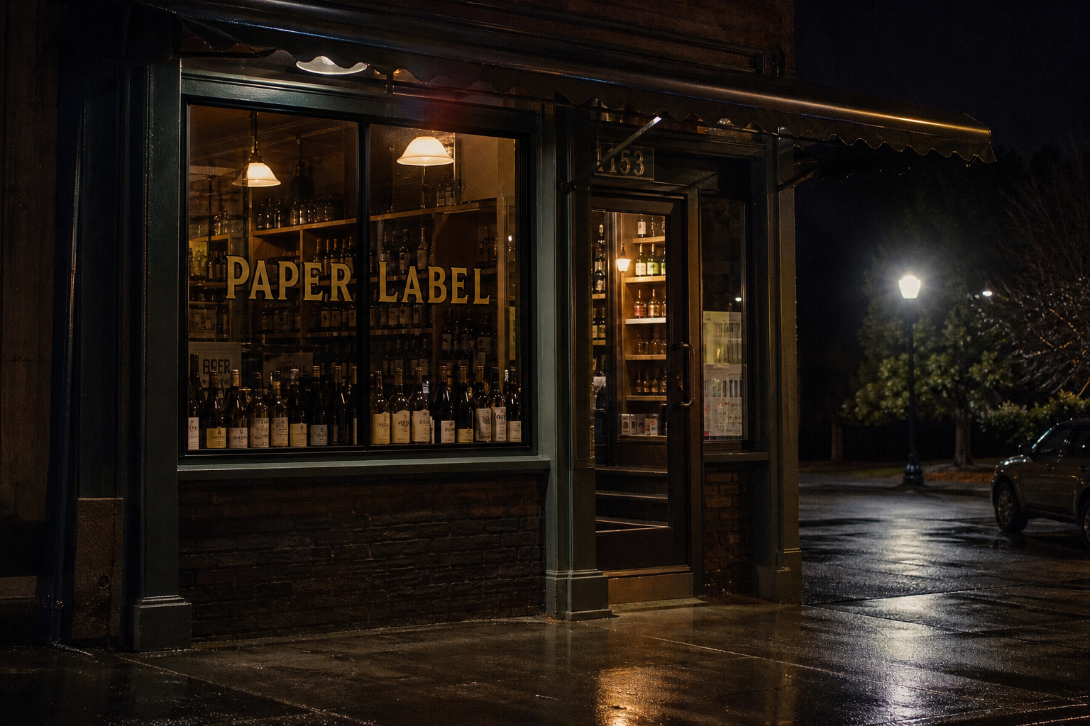 Paper Label sample — night storefront.