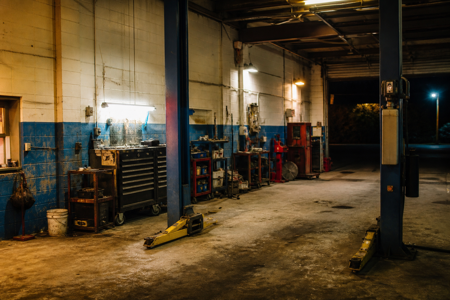 Empty repair bay at night with a two-post lift. Generated sample photo.