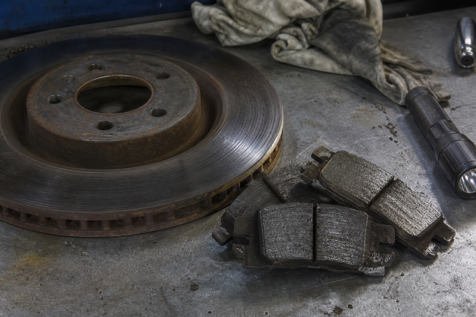 Worn brake pads and a rotor on a steel bench. Generated sample photo.
