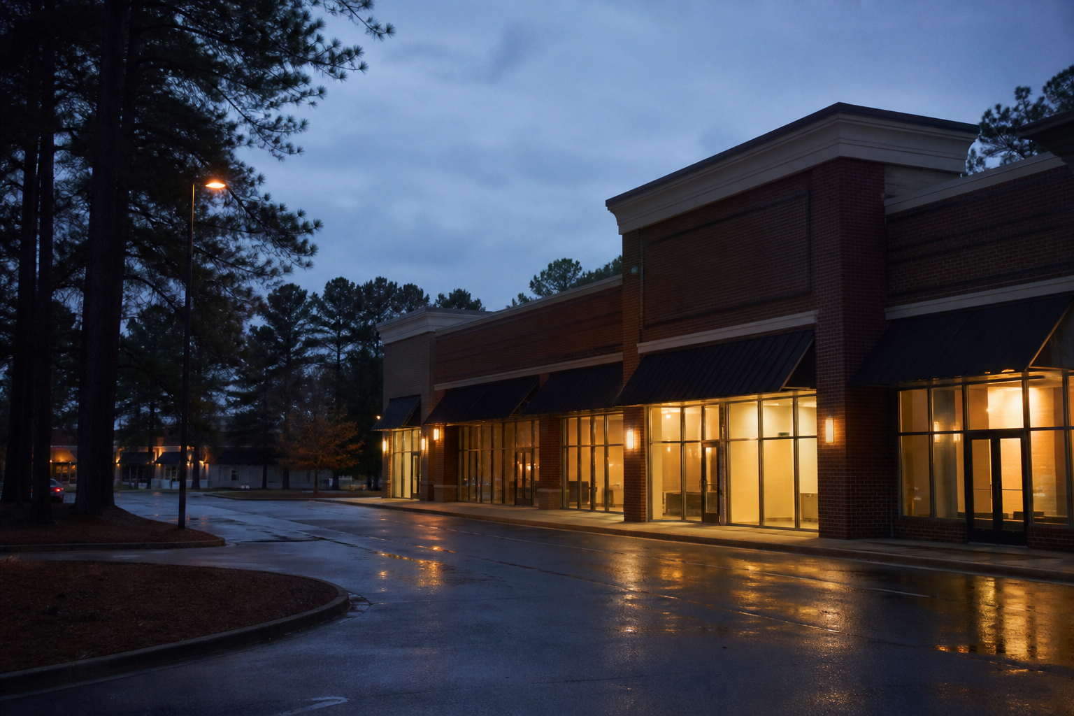 Dusk on a west Cobb commercial strip — pines, wet asphalt, warm windows. Generated atmosphere, not a client’s lot.
